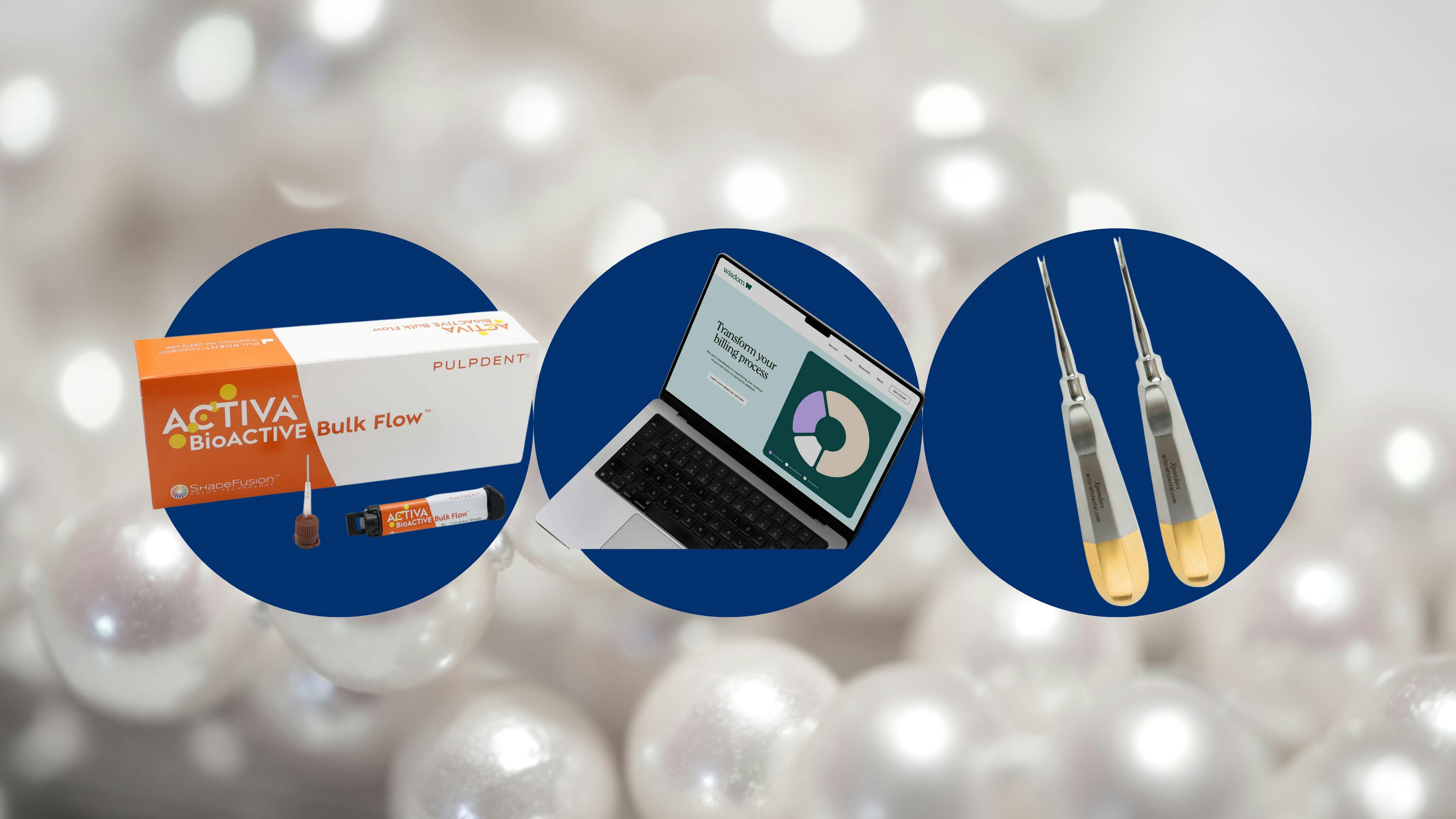 Three dental products on pearl background