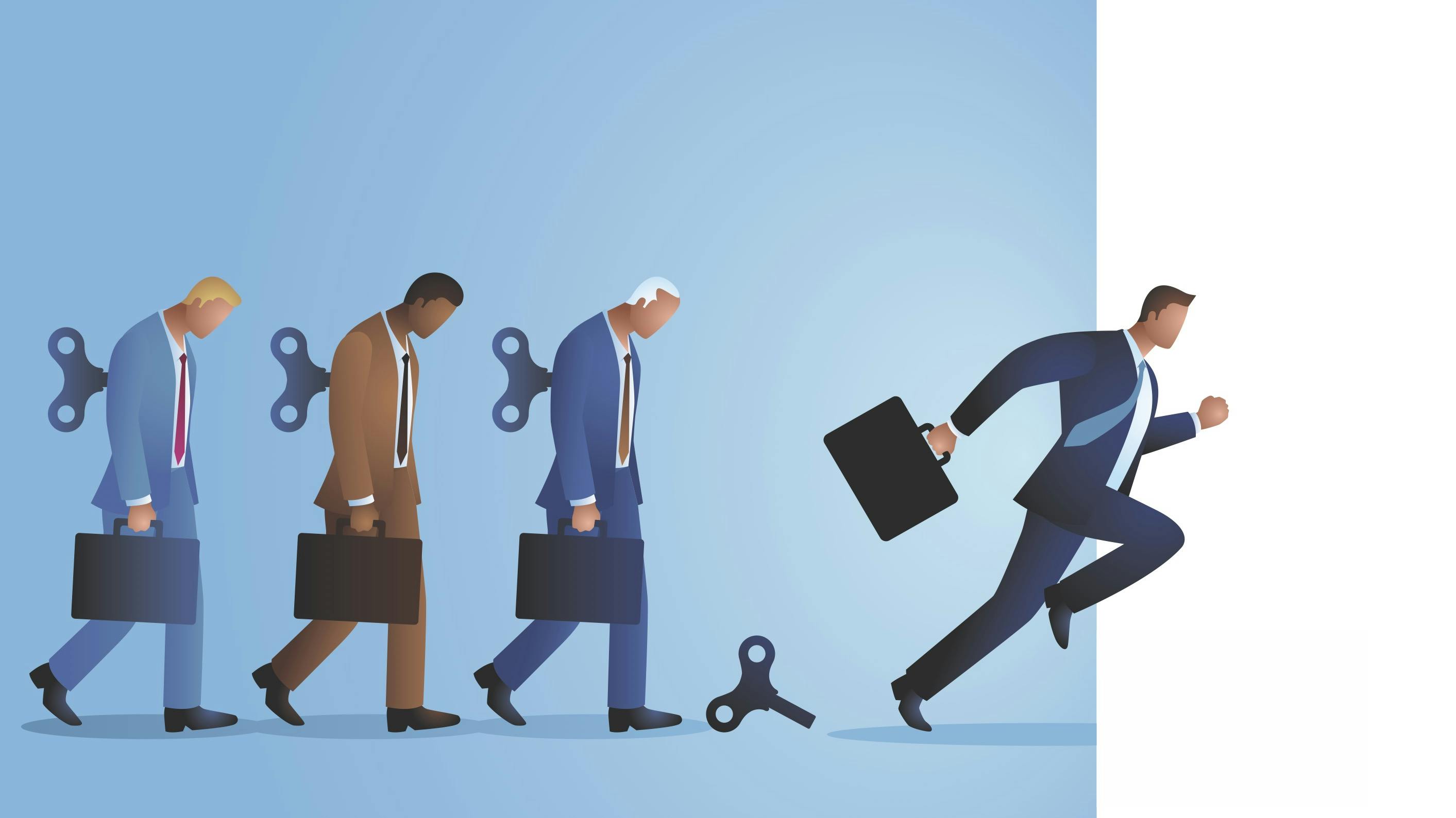 one man running away from the group