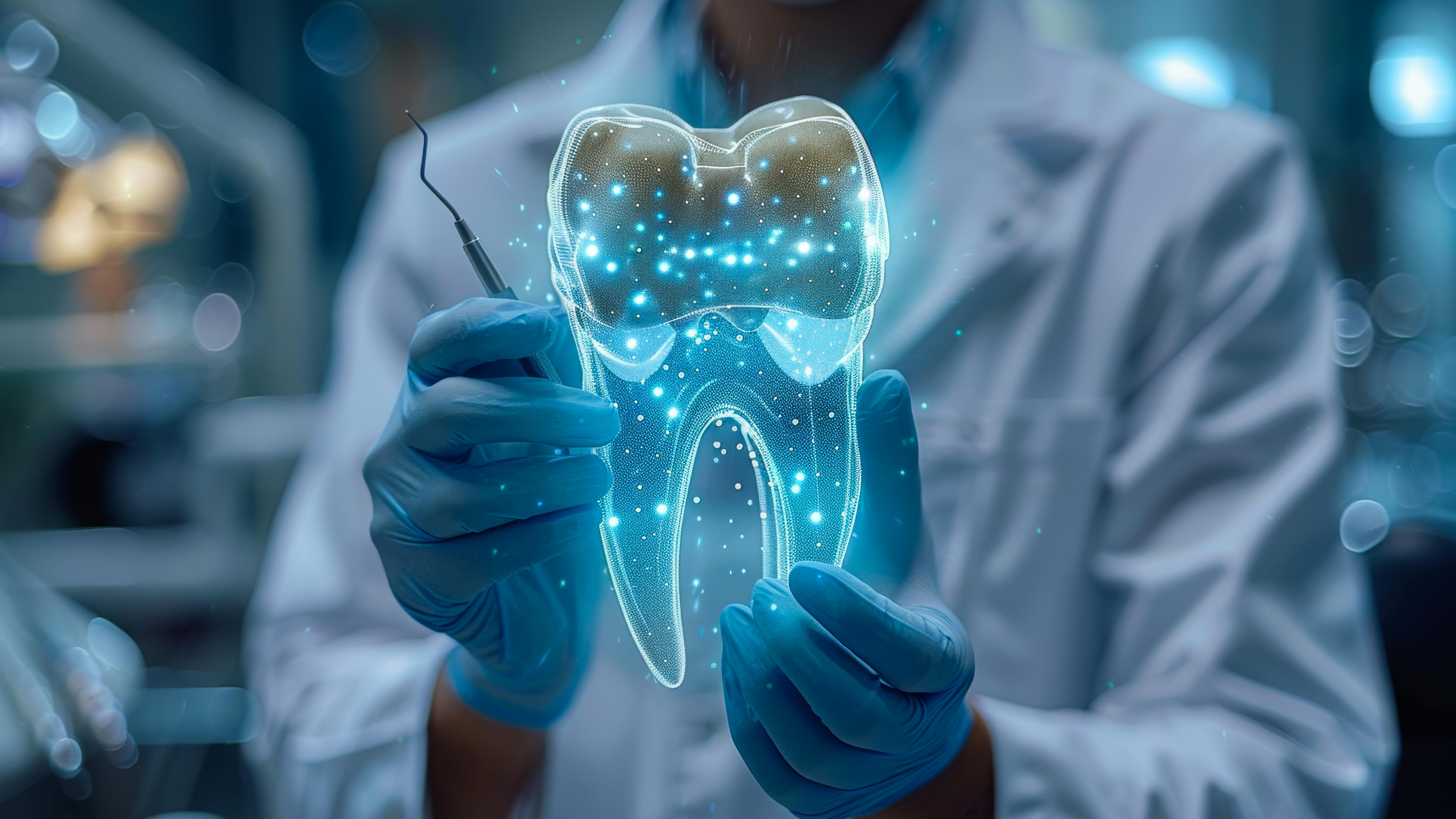 dentist holding a hologram of a tooth