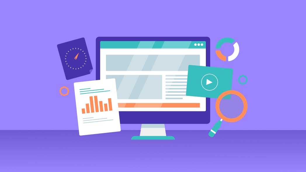 Graphic showing computer monitor, video icon, chart icons, clock icon