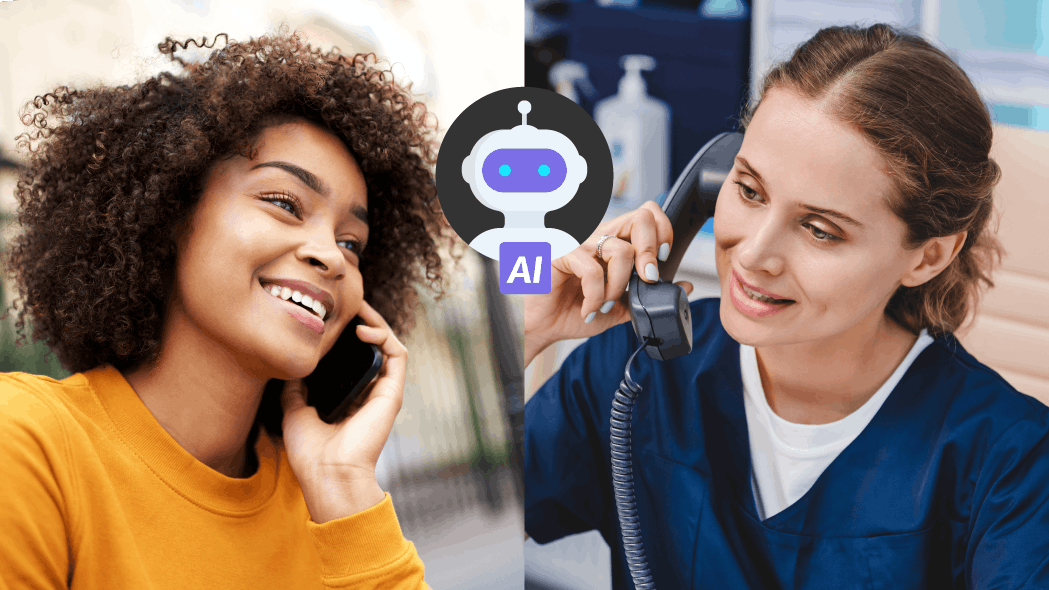 Women talking on the phone with a robot AI illustration in the middle