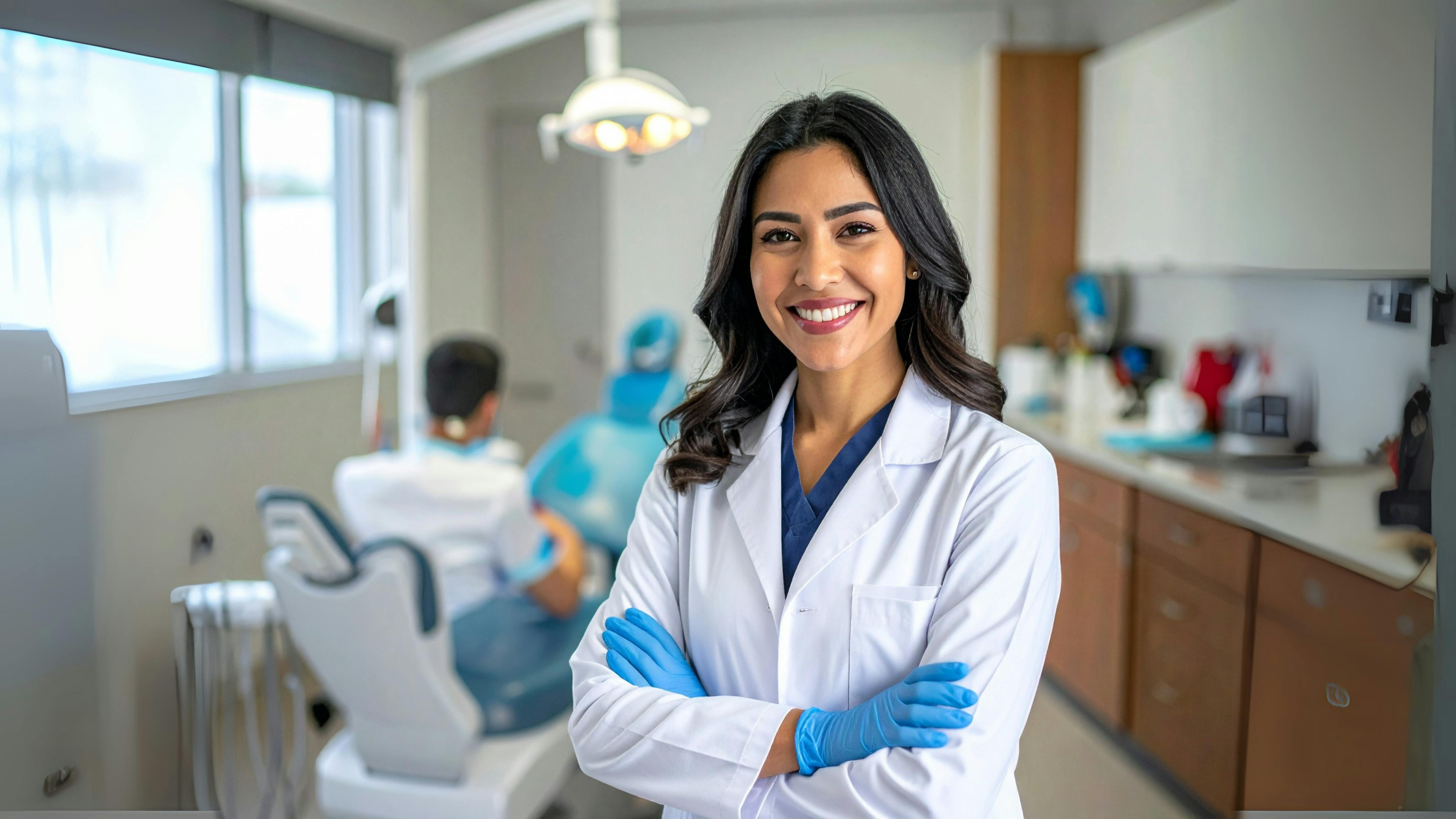 Confident female dentist stands facing the camera in an operatory.
