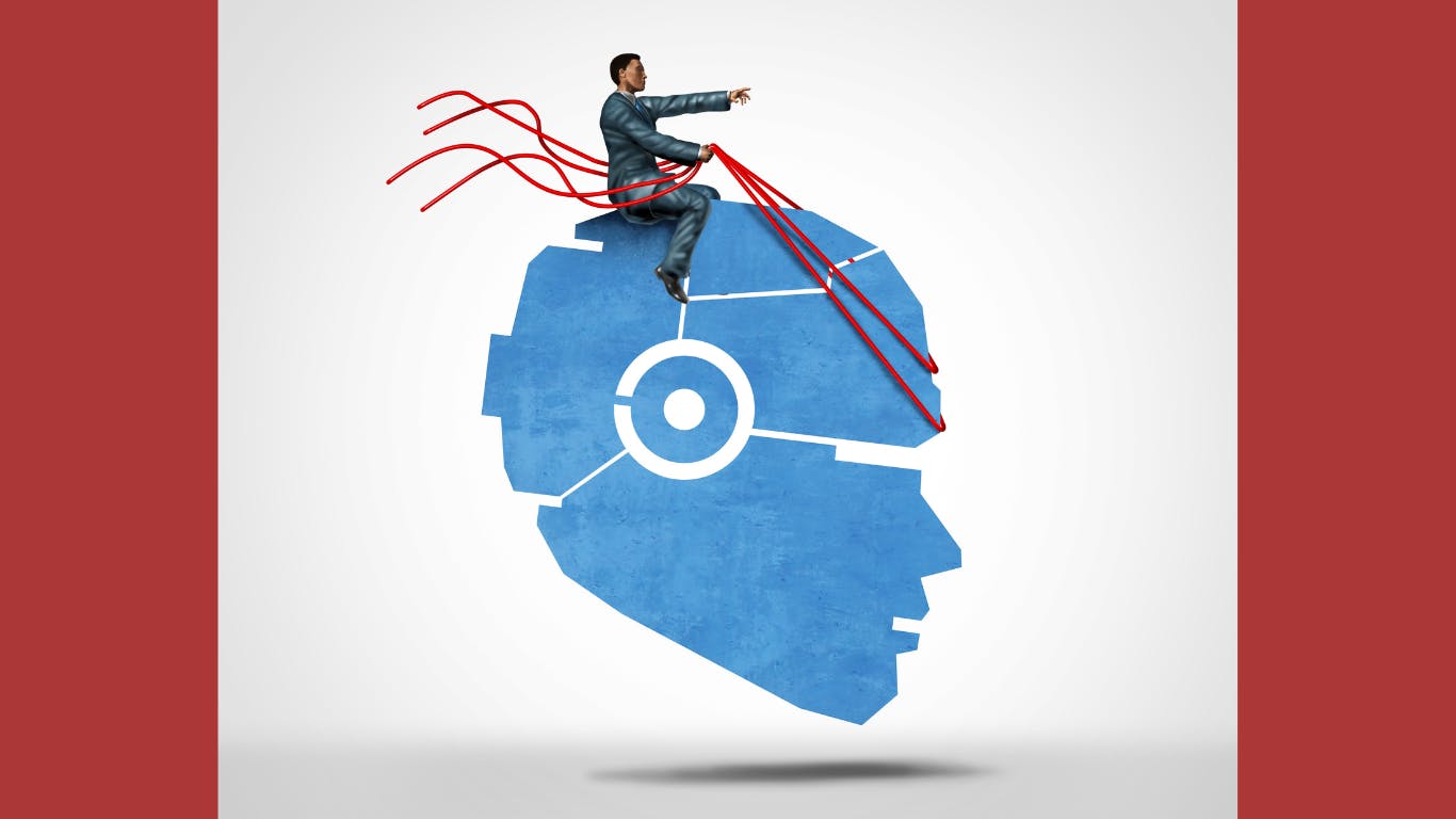 illustration of a man holding the reins on a silhouette of a human head