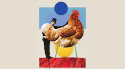 whimsical art of a man standing beside a huge hen whimsical art of a man standing beside a huge hen