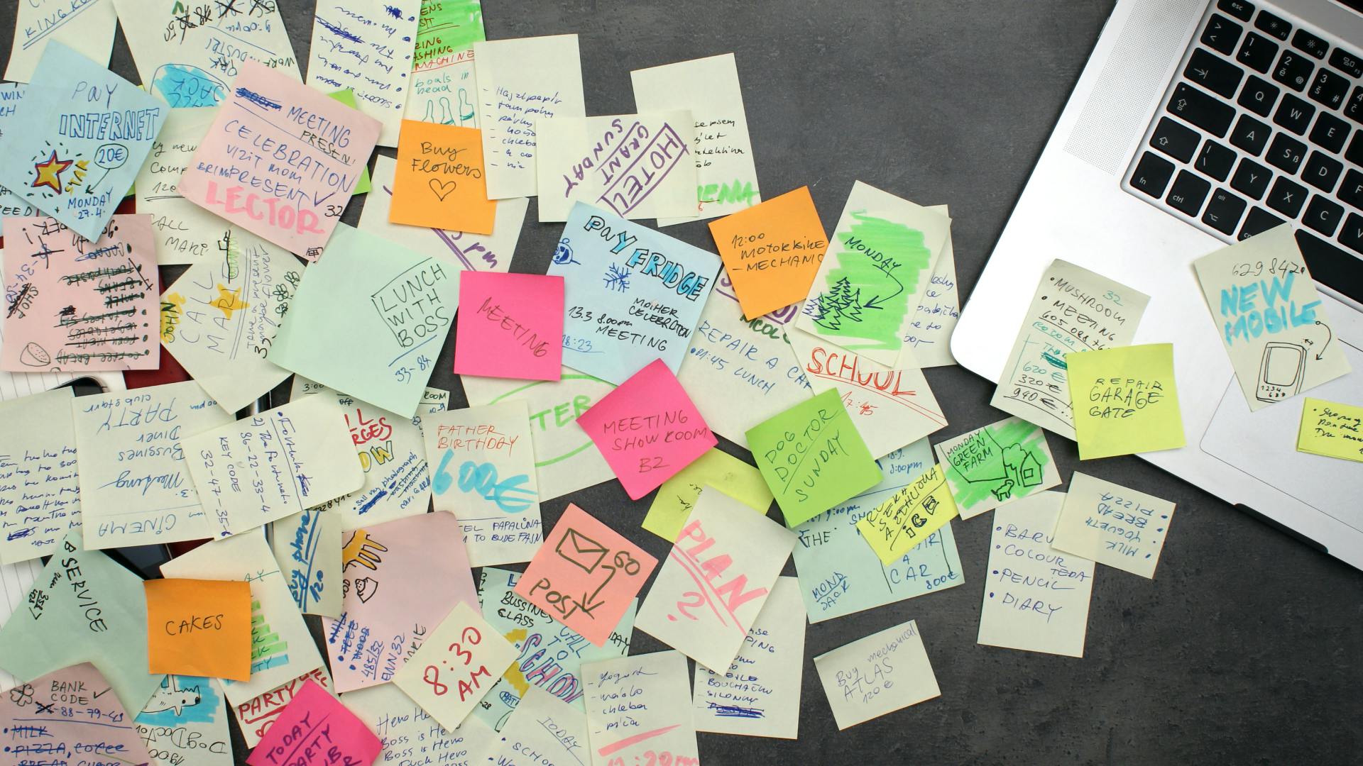 Desk with laptop and sticky notes