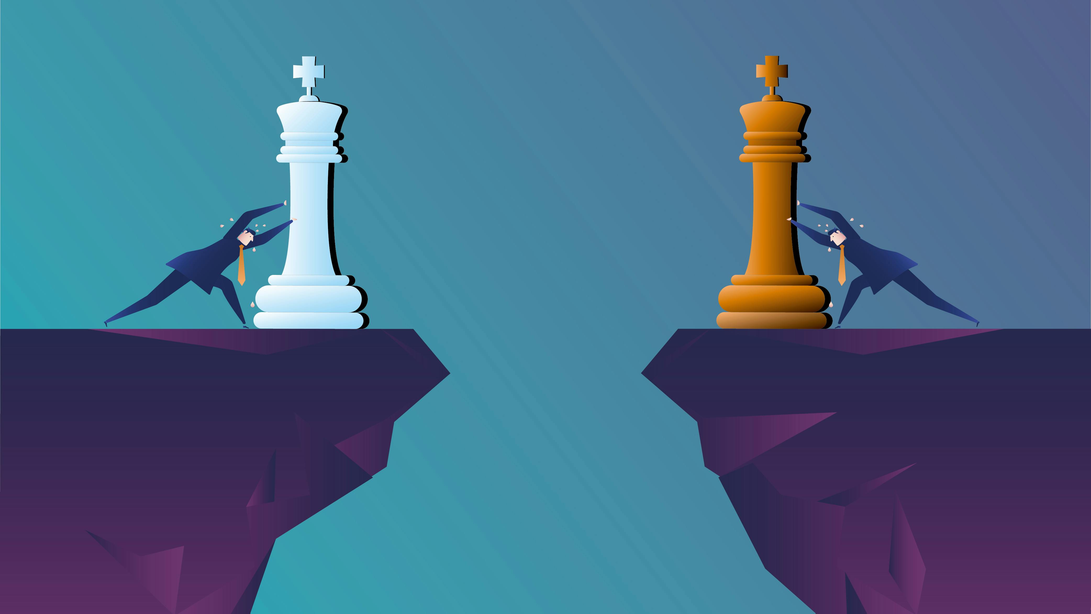 people on opposite ledges pushing chess pieces to the edge