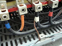 Photo 1. This 8 AWG bare copper system bonding jumper is undersized for this installation. NEC Table 250.66 requires a 4 AWG or larger copper system bonding jumper for 3/0 AWG copper derived ungrounded circuit conductors. Photo 1. This 8 AWG bare copper system bonding jumper is undersized for this installation. NEC Table 250.66 requires a 4 AWG or larger copper system bonding jumper for 3/0 AWG copper derived ungrounded circuit conductors.