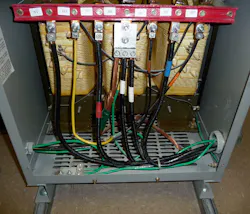Photo 3. This separately derived system/transformer has a compliant system bonding jumper; however, the required grounding electrode conductor is absent. Photo 3. This separately derived system/transformer has a compliant system bonding jumper; however, the required grounding electrode conductor is absent.