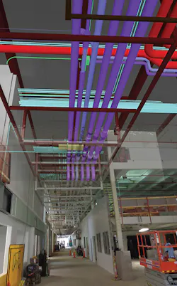 This image shows the alignment of the model and the real-world conditions for a pipe and electrical rack for a project in Topeka, Kan. This image shows the alignment of the model and the real-world conditions for a pipe and electrical rack for a project in Topeka, Kan.