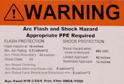 Photo 4. What makes this a proper label? The label illustrated is correct, as it provides the incident energy on it and the arc-flash PPE category based on the incident energy, not the tables. NFPA 70E cautions against having both values listed on the label. Photo 4. What makes this a proper label? The label illustrated is correct, as it provides the incident energy on it and the arc-flash PPE category based on the incident energy, not the tables. NFPA 70E cautions against having both values listed on the label.