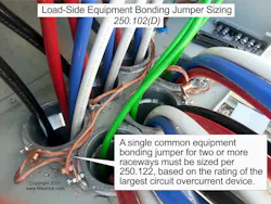 Fig. 3. Size the equipment bonding jumper based on the rating of the largest circuit overcurrent device. Fig. 3. Size the equipment bonding jumper based on the rating of the largest circuit overcurrent device.