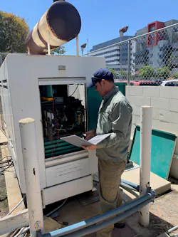 Tad Radecki, Chief of Installation Operations for PIONEER Systems, Inc., installs the first Power P.I.O.N.E.E.R. emergency power monitoring system at a Los Angeles County hospital on Aug. 4, 2021. Tad Radecki, Chief of Installation Operations for PIONEER Systems, Inc., installs the first Power P.I.O.N.E.E.R. emergency power monitoring system at a Los Angeles County hospital on Aug. 4, 2021.