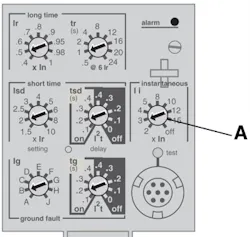 Fig. 3. New breakers can have as many as four trip elements, including long time, short time, instantaneous, and ground-fault pick-up/delay settings. Fig. 3. New breakers can have as many as four trip elements, including long time, short time, instantaneous, and ground-fault pick-up/delay settings.