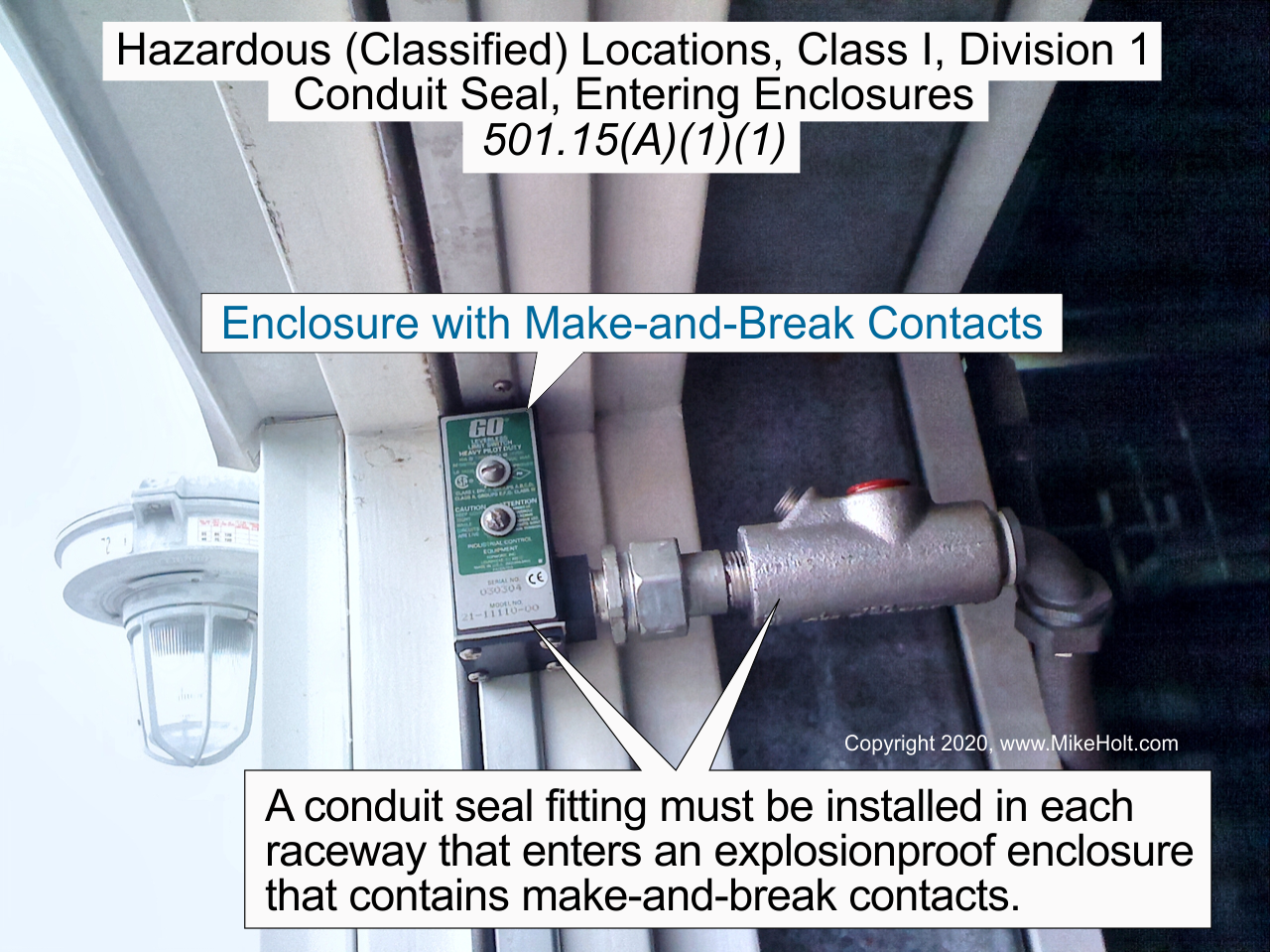 Figure. A conduit seal fitting must be installed in each raceway that enters an explosionproof enclosure that contains make-and-break contacts