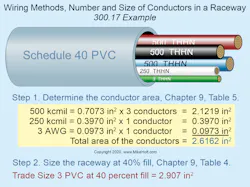 Fig. 2. This example shows you how to determine the proper size PVC conduit for conductors of varying sizes. Fig. 2. This example shows you how to determine the proper size PVC conduit for conductors of varying sizes.