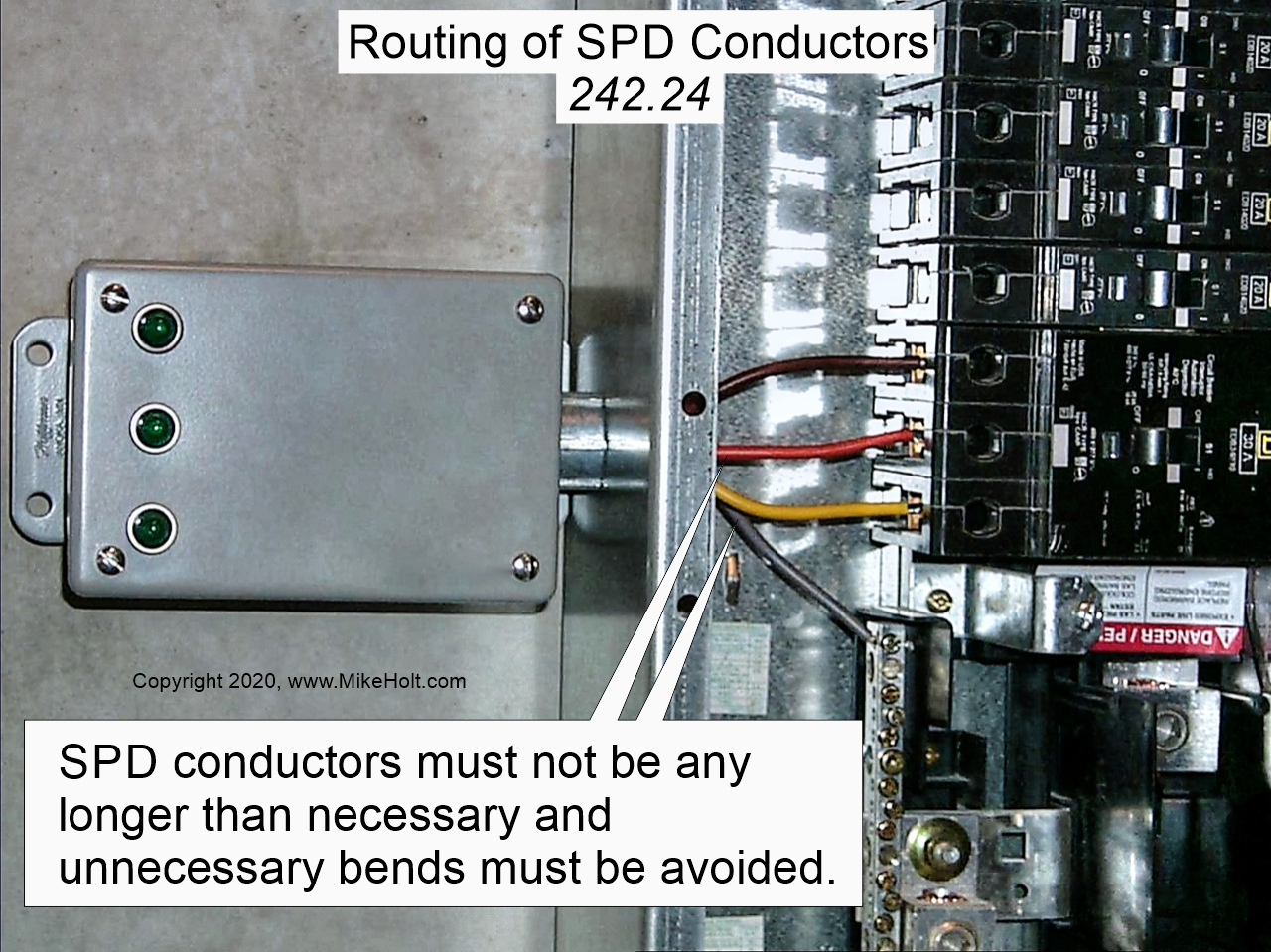 Fig. 1. Shorter conductors and minimal bends improve SPD performance by helping to reduce conductor impedance during high-frequency transient events.