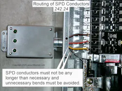 Fig. 1. Shorter conductors and minimal bends improve SPD performance by helping to reduce conductor impedance during high-frequency transient events. Fig. 1. Shorter conductors and minimal bends improve SPD performance by helping to reduce conductor impedance during high-frequency transient events.