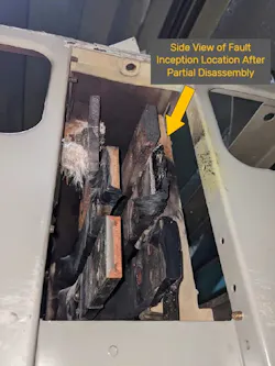 Photo 2. The fault inception location ultimately experienced an arc flash event. Photo 2. The fault inception location ultimately experienced an arc flash event.