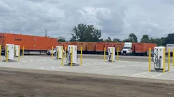 Each of the 16 chargers at the Schneider National Operations Center can refuel two heavy-duty trucks at the same time. Each of the 16 chargers at the Schneider National Operations Center can refuel two heavy-duty trucks at the same time.