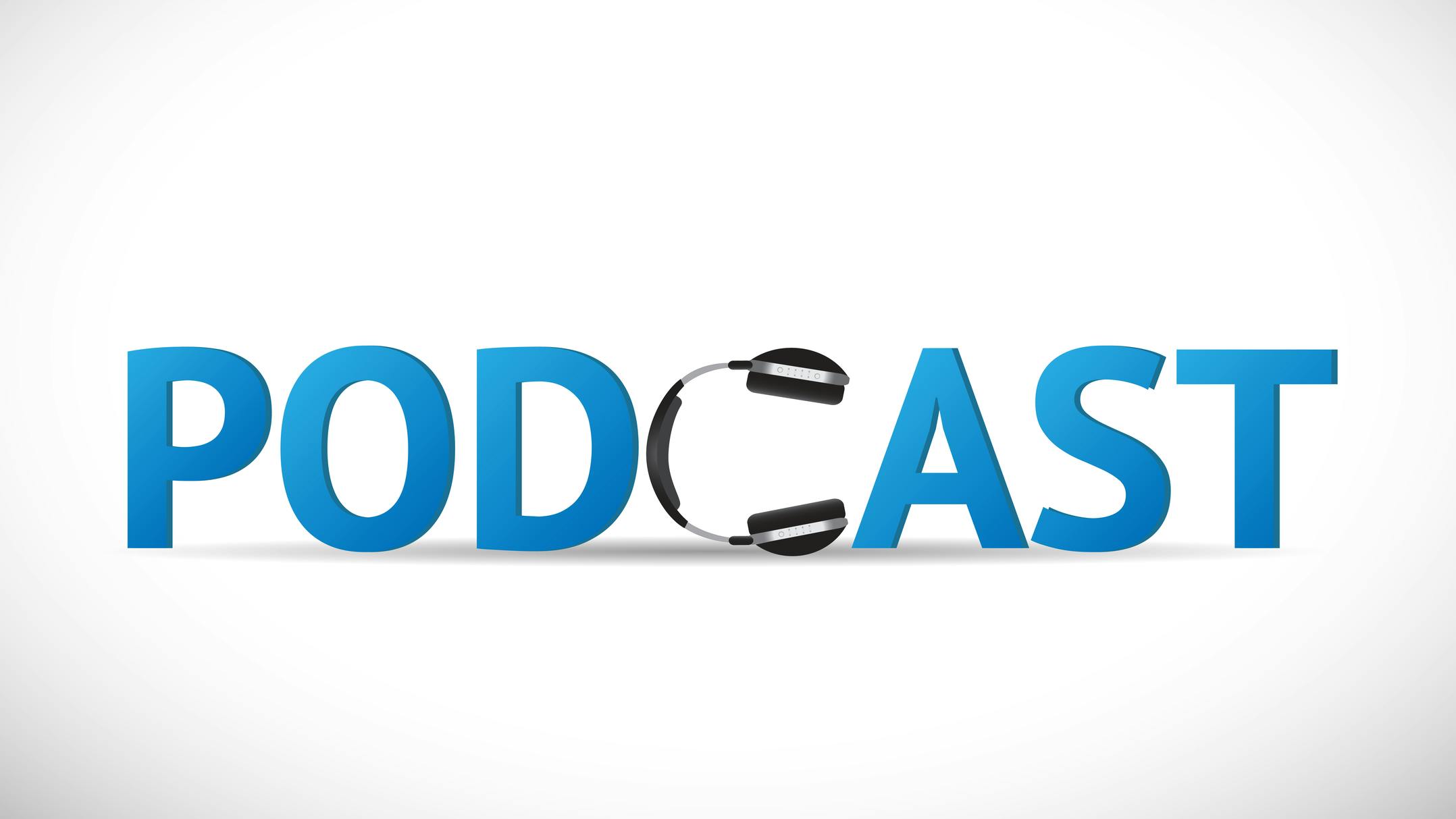 The word 'Podcast' in blue uppercase font against a white-grey background. The 'c' is a pair of headphones turned sideways.