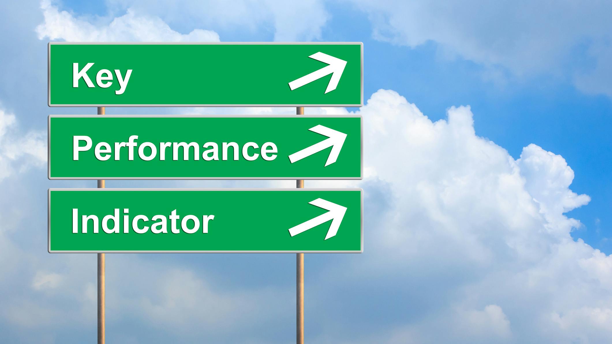 Green street signs that say 'Key Performance Indicator' with white arrows against a background of a blue sky with white fluffy clouds.