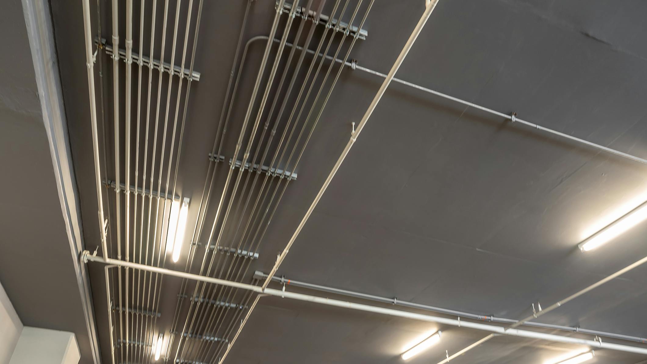 Electrical conduit runs on the ceiling of a room. Surrounded by tube-style luminaires.