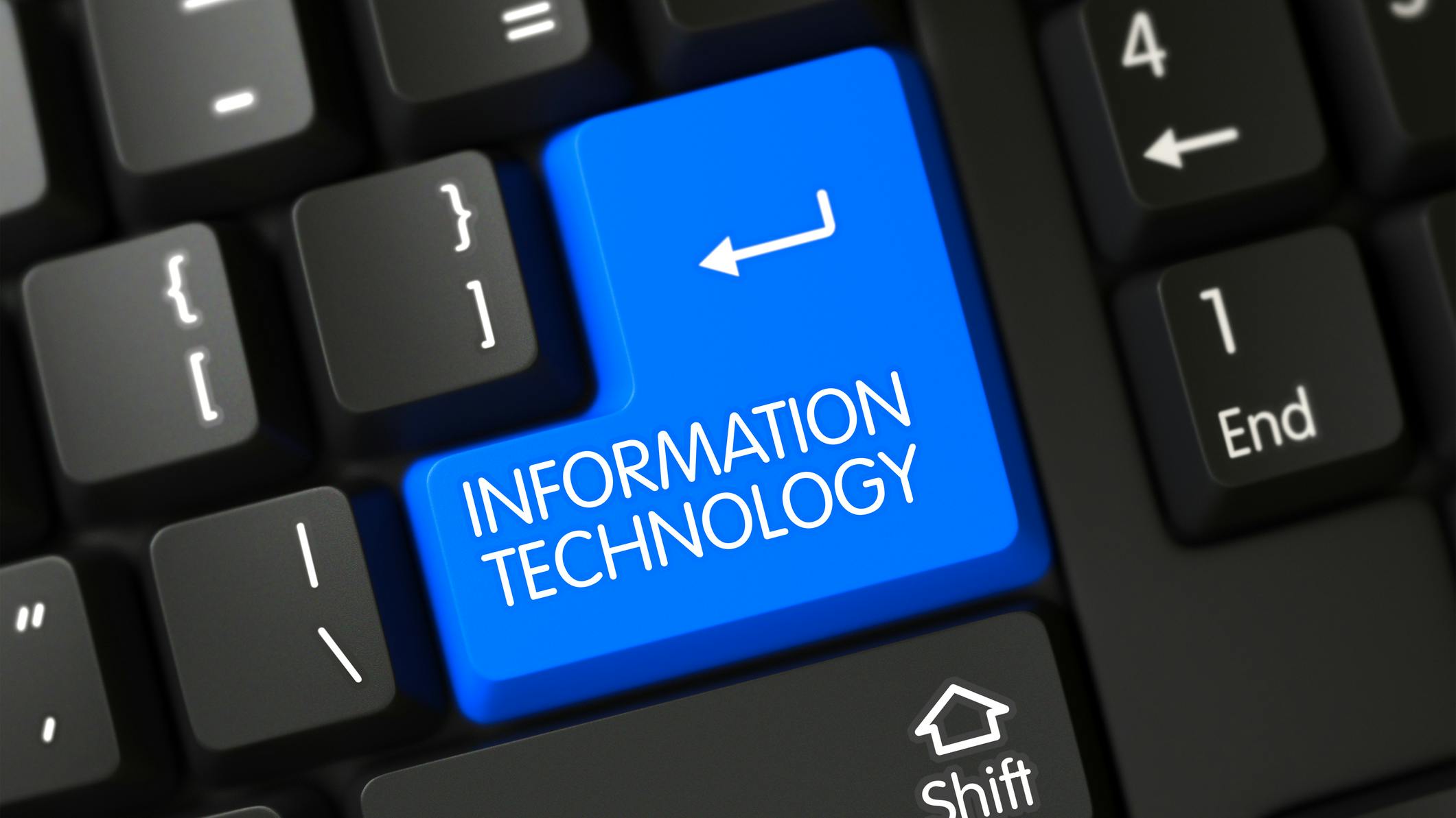 A black keyboard. One button is bright blue with an arrow and text that says 'Information Technology.'