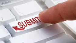 A white keyboard. A finger presses a key that says 'SUBMIT' in all red caps with a red arrow. A white keyboard. A finger presses a key that says 'SUBMIT' in all red caps with a red arrow.