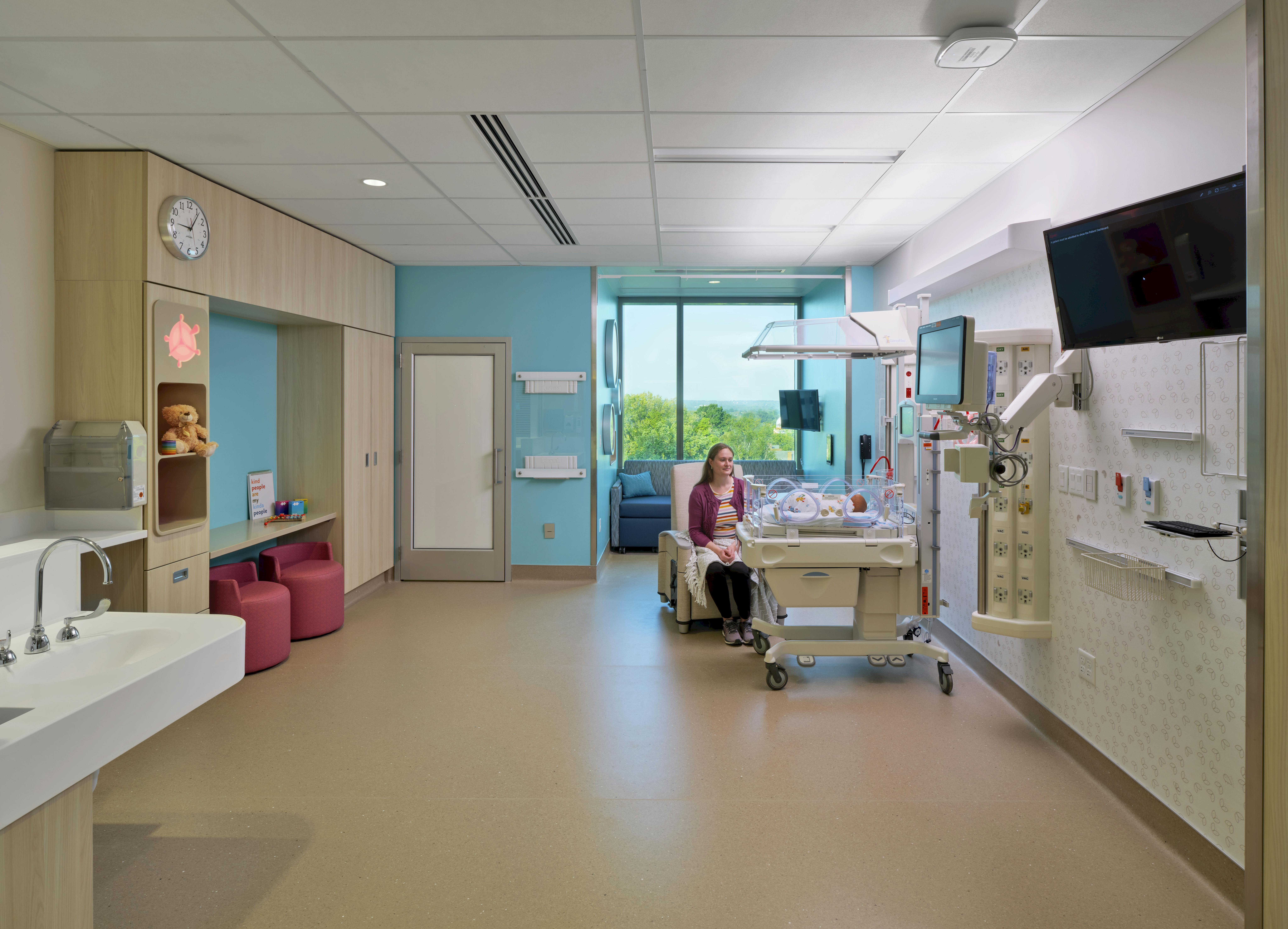 A neonatal intensive care unit with a fully indirect circadian lighting system was designed to minimize glare.
