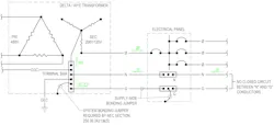 Fig. 2A. This one-line diagram with a grounding electrode connection at the source meets the Code requirements for a separately derived system. The figure is similar to NEC Exhibit 250.14. Fig. 2A. This one-line diagram with a grounding electrode connection at the source meets the Code requirements for a separately derived system. The figure is similar to NEC Exhibit 250.14.