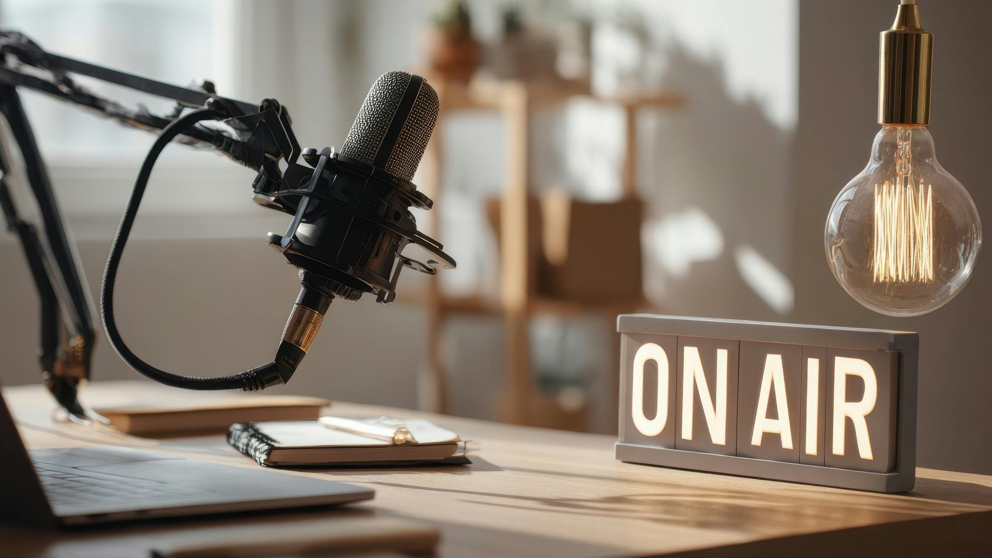 The modern podcast studio featuring a microphone and On Air sign. AI generated image.