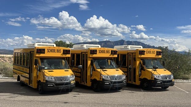 Three GreenPower Nano BEAST school buses staged in Rio Rancho, New Mexico
