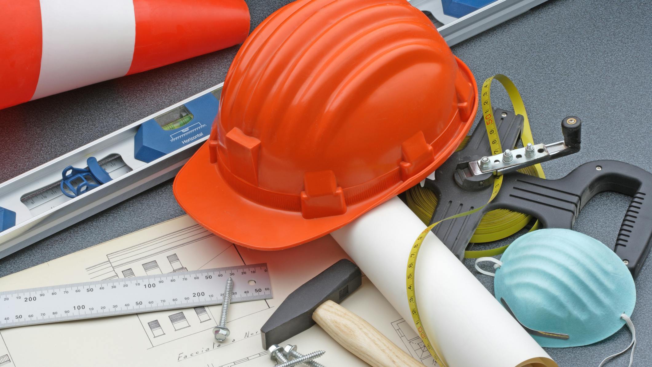 Construction safety tools. Helmet and tools about construction safety