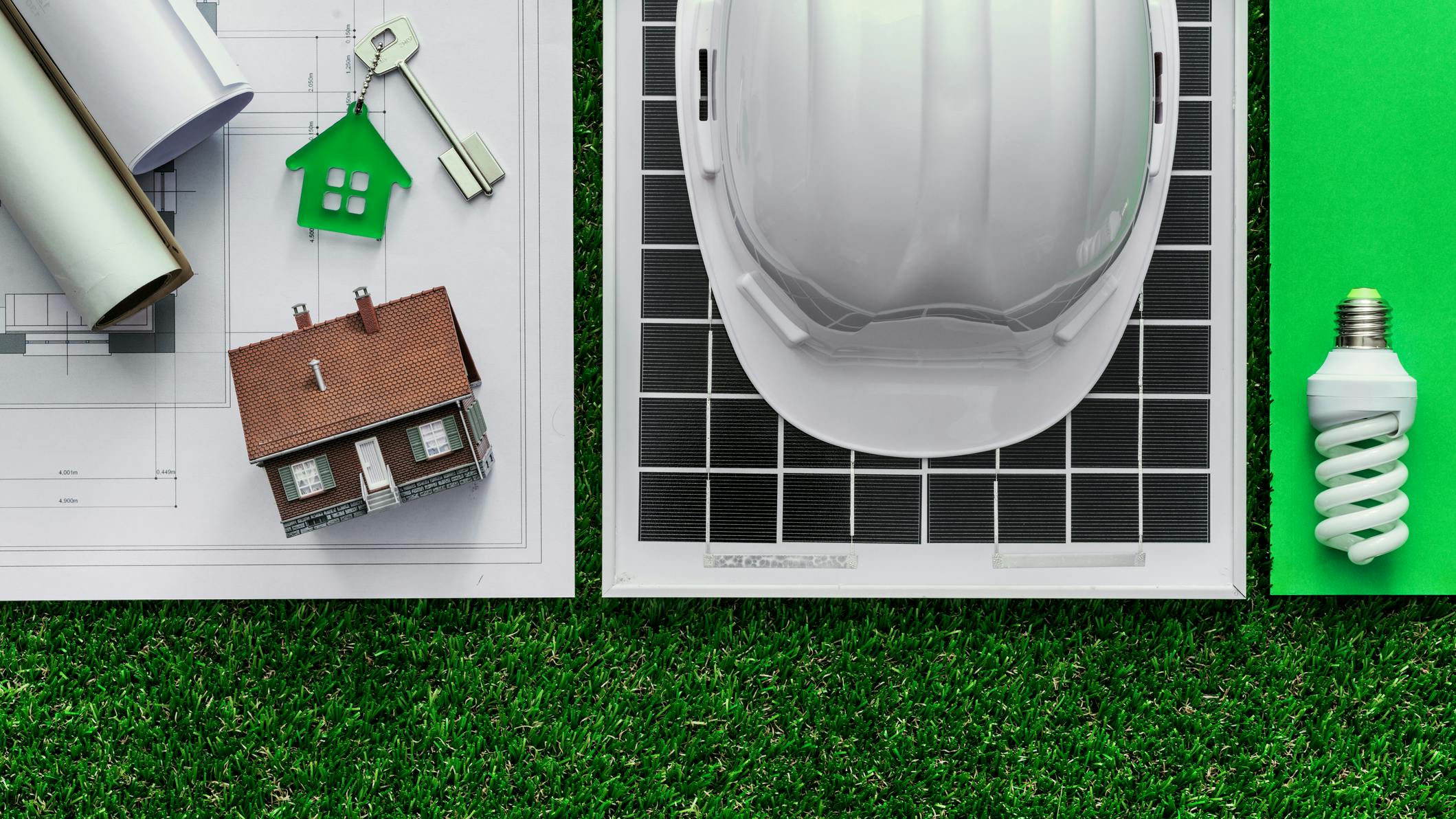 Green building and alternative energies. Sustainable green building and energy saving concept: house project, solar panel and work tools on the grass, top view