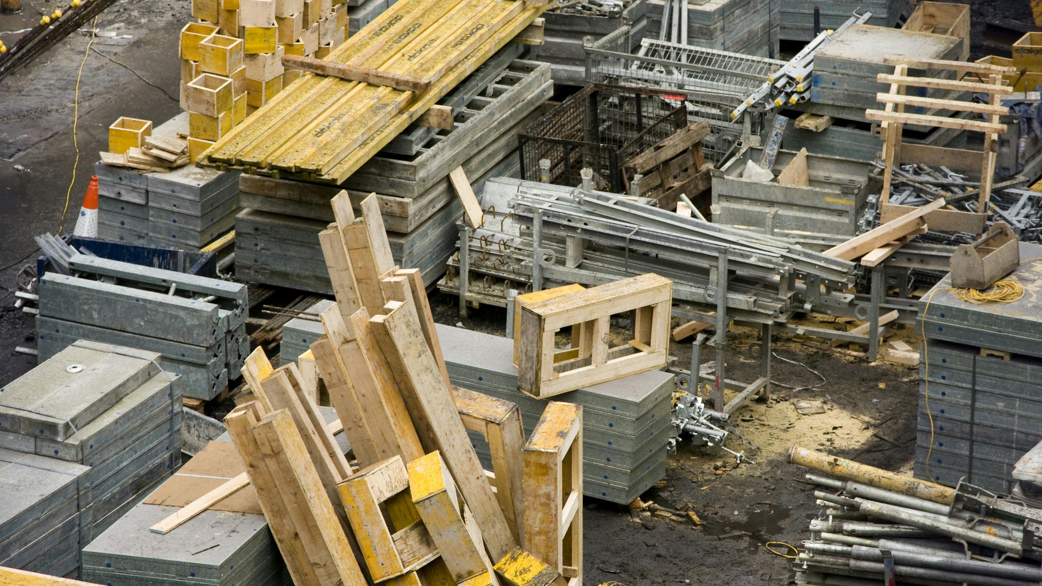 Construction Site with Materials. Construction Site with Steel and Wood Materials