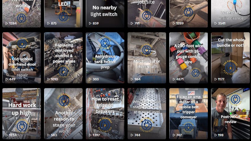 A screenshot of EC&M's TikTok profile with thumbnails of recent Everyday Electrician videos