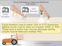 Fig. 3. Circuit breakers used to switch high-intensity discharge lighting circuits must be listed and marked “HID.” Fig. 3. Circuit breakers used to switch high-intensity discharge lighting circuits must be listed and marked “HID.”