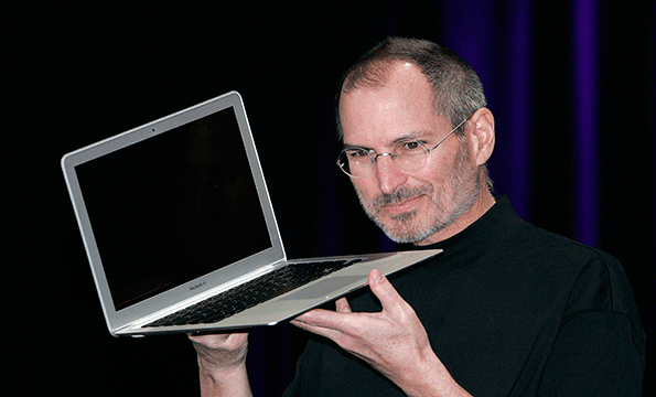 The late Apple CEO and cofounder Steve Jobs holds up the new Mac Book Air after he delivered the keynote speech to kick off the 2008 Macworld at the Moscone Center Jan 15 2008 in San Francisco Calif Jobs and his creative team fit the profile of visionary leaders