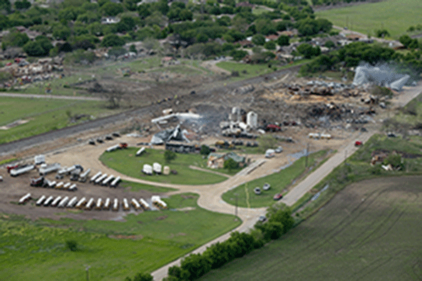 The West Fertilizer Co shown from the air lies in ruins on April 18 2013 in West Texas Fifteen people were killed including 10 first responders 250 people were injured when the fertilizer company caught fire and exploded An apartment building and a number of nearby homes also were destroyed Photo by Chip SomodevillaGetty Images