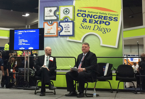 Kyle Morrison senior associate editor for the National Safety Councilrsquos SafetyHealth magazine and Patrick Kapust deputy director of OSHArsquos Directorate of Enforcement Programs unveil the list on the expo floor of the San Diego Convention Center during the NSCrsquos 2014 Congress and Expo