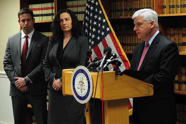 Suffolk County District Attorney Daniel F Conley on Feb 8 announces manslaughter charges in the 2016 deaths of two men in a South End trench collapse With Conley right are ADA Michael V Glennon left who responded to the scene and ADA Lynn Feigenbaum center of the Senior Trial Unit who led the grand jury investigation that culminated in criminal charges