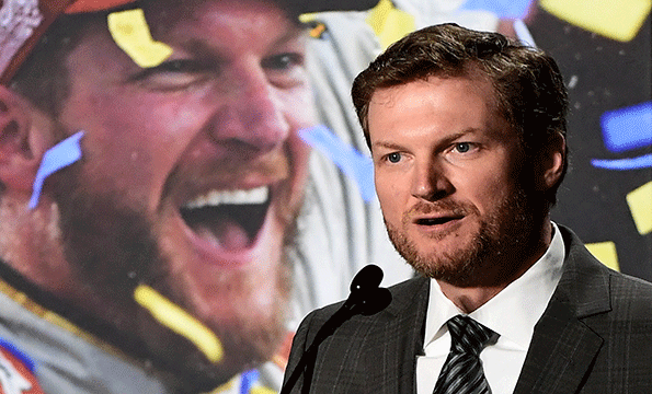 Dale Earnhardt Jr gives a statement announcing his retirement from NASCAR after the 2017 season at the Hendrick Motorsports Team Center on April 25 in Charlotte NC