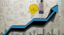 woman standing on an upward arrow with images of charts, ideas and innovations in the background woman standing on an upward arrow with images of charts, ideas and innovations in the background
