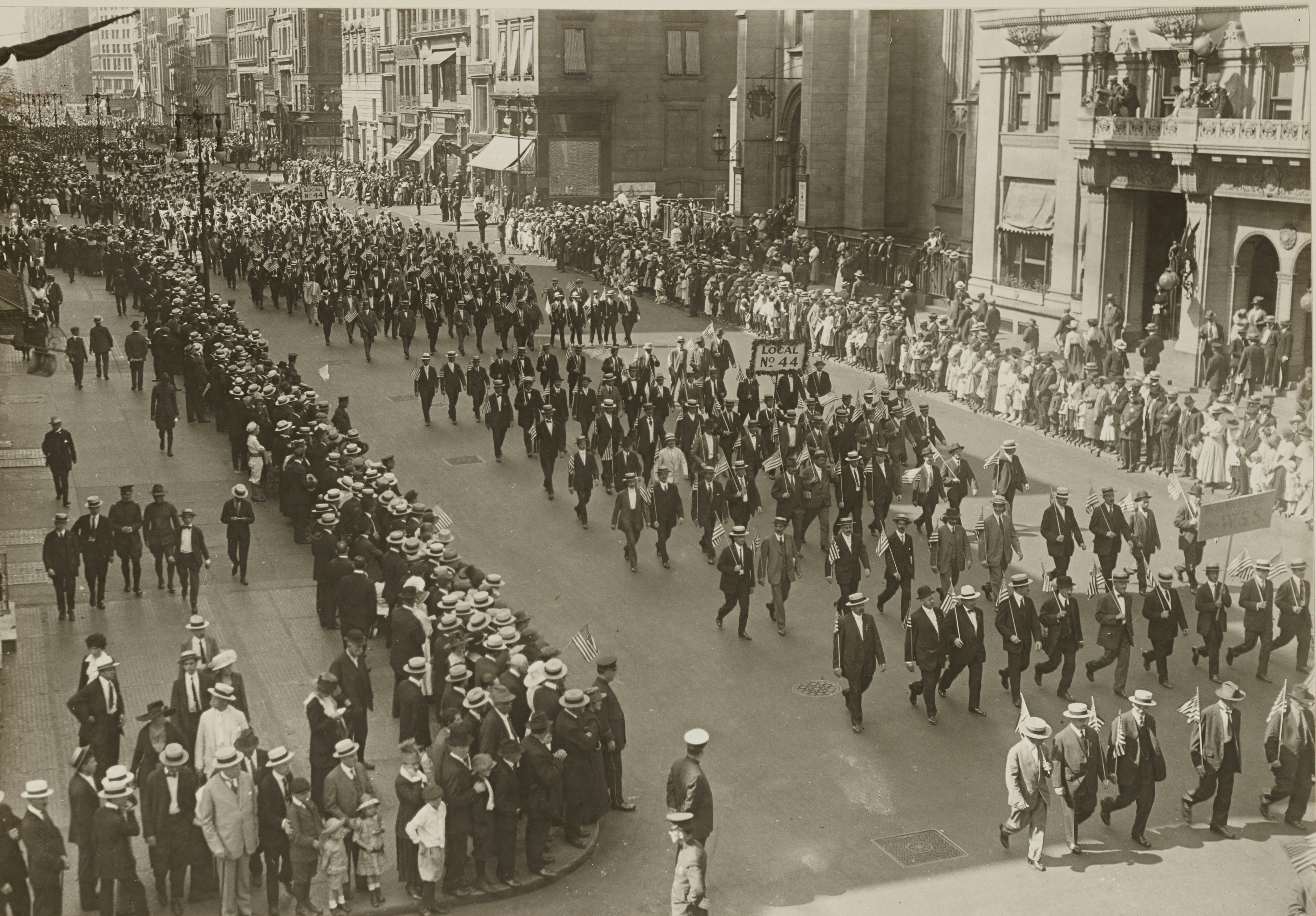 Thousands march in New York's Labor Day Parade along Fifth Avenue in 1918