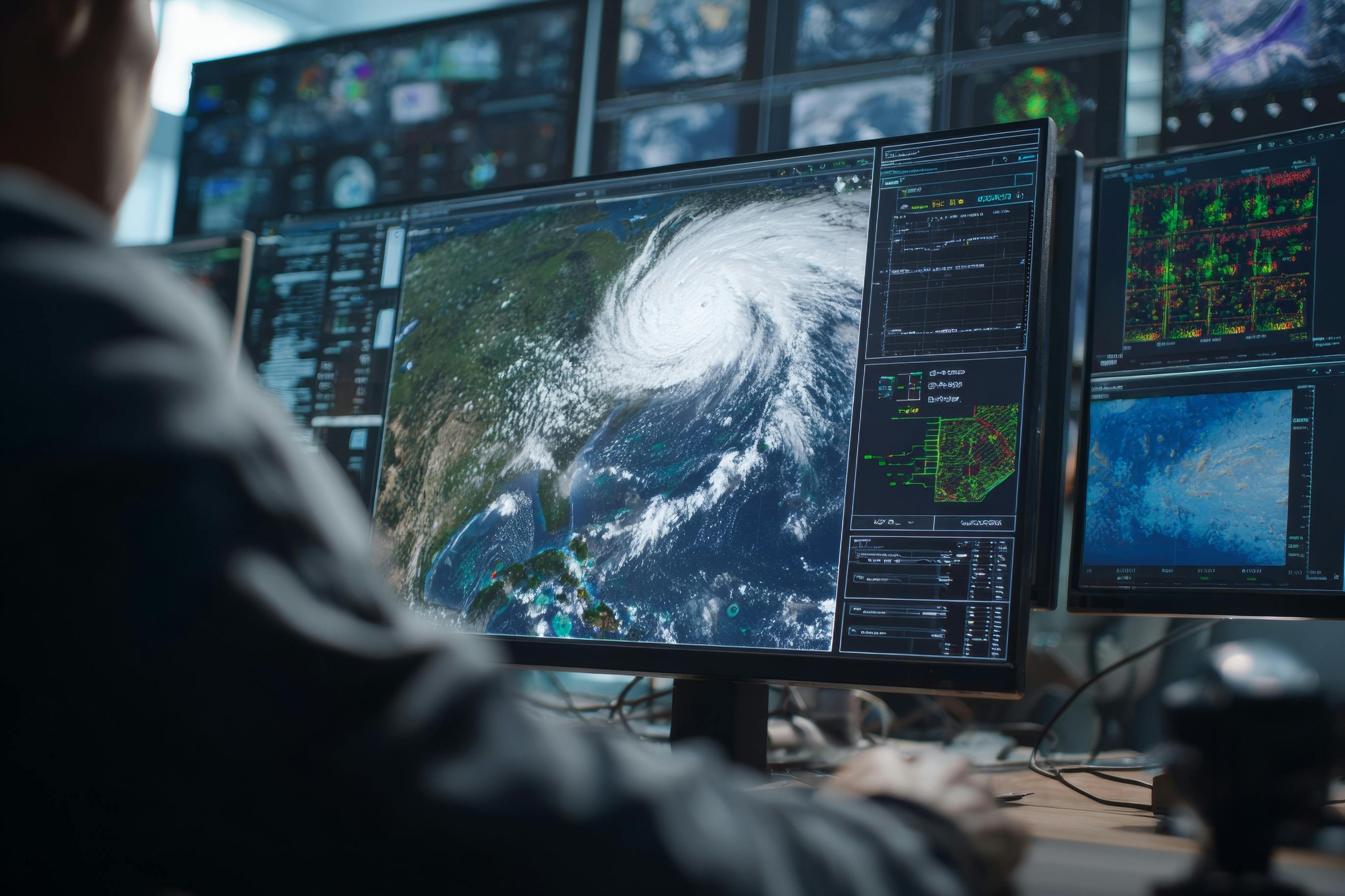 Image of multiple computer screens monitoring or tracking the weather with a person in the foreground