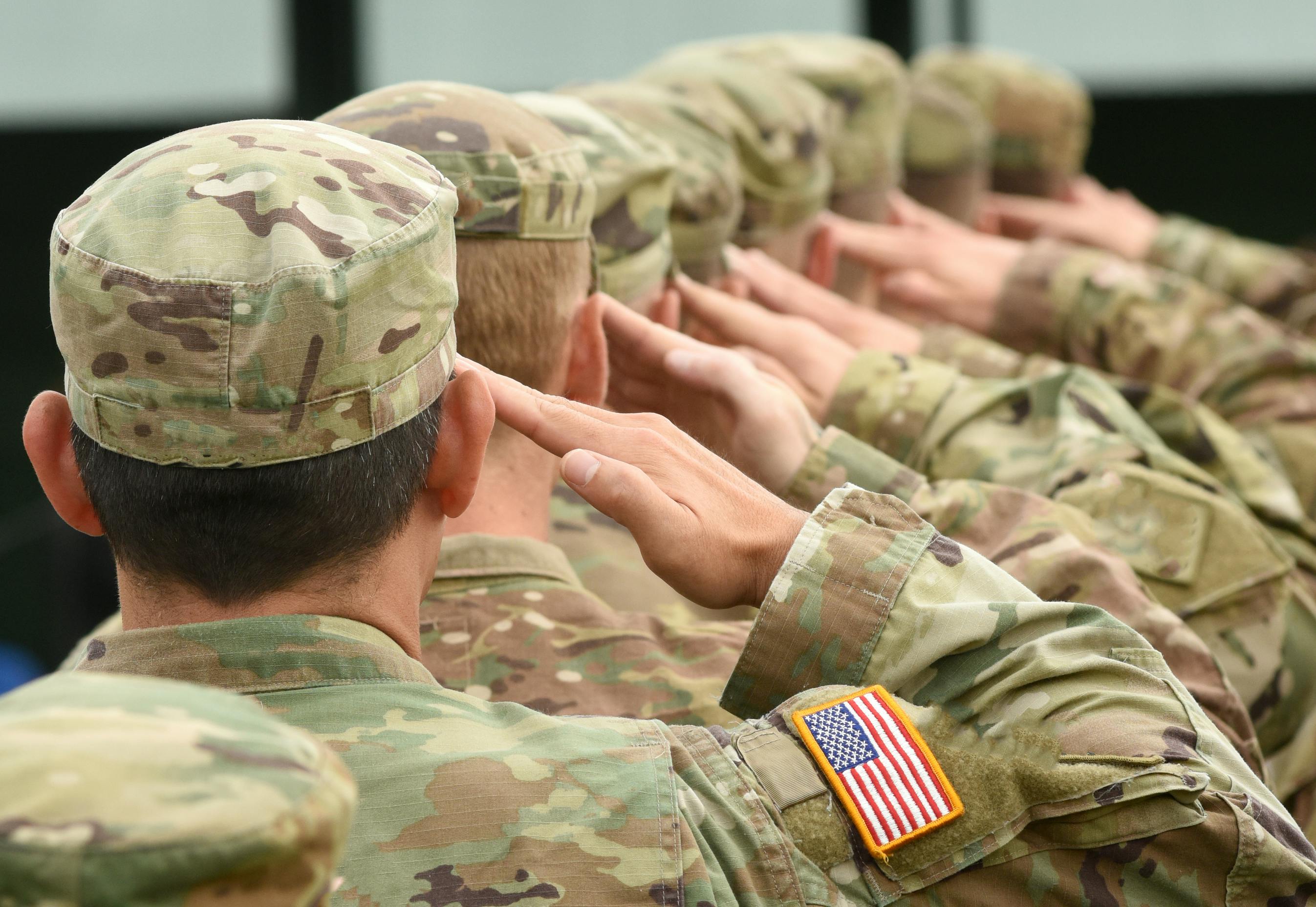 soldiers in formation with their right arms raised to salute