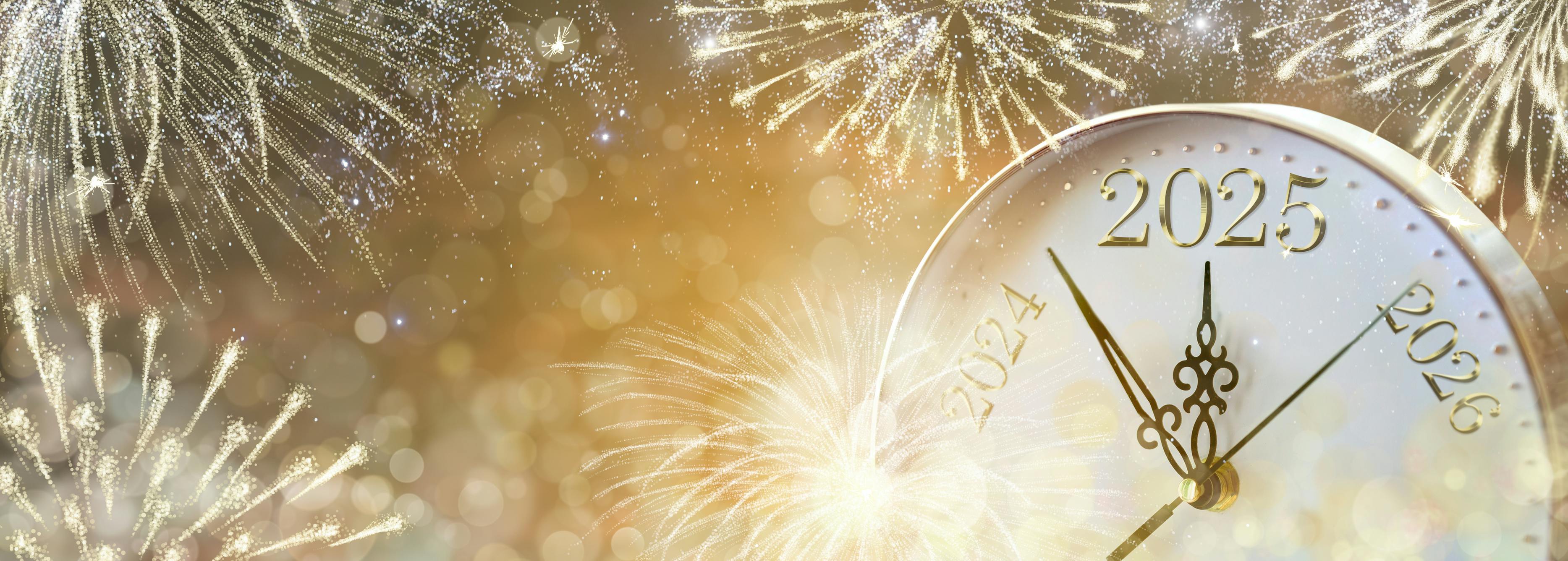 Image of clock ticking from 2024 to 2025 with 2026 nearby. Gold and white fireworks are in the background.