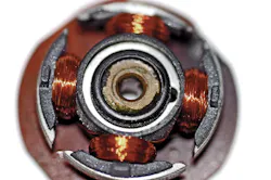 3. Viewed from the top, this brushless dc (BLDC) motor employs four permanent magnets mounted to the top of its rotor, eliminating the need for connections, a commutator, and brushes. 3. Viewed from the top, this brushless dc (BLDC) motor employs four permanent magnets mounted to the top of its rotor, eliminating the need for connections, a commutator, and brushes.