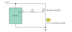 A CMOS TLC555 can't source enough current to charge the gate rapidly and was damaged by being connected directly to the gate (a 3500-pF capacitive load). But a bipolar NE555 with an added 82-Ω protective resistor drives the IRF4905 MOSFET safely and reliably. A CMOS TLC555 can't source enough current to charge the gate rapidly and was damaged by being connected directly to the gate (a 3500-pF capacitive load). But a bipolar NE555 with an added 82-Ω protective resistor drives the IRF4905 MOSFET safely and reliably.