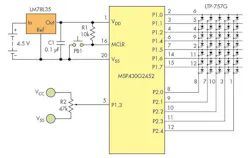 1. The graphic/digital voltmeter based on the MSP430G2452 microcontroller requires minimal circuitry. The core of the implementation is in the algorithm, which converts the digitized value into a row/column drive for the LED matrix. 1. The graphic/digital voltmeter based on the MSP430G2452 microcontroller requires minimal circuitry. The core of the implementation is in the algorithm, which converts the digitized value into a row/column drive for the LED matrix.